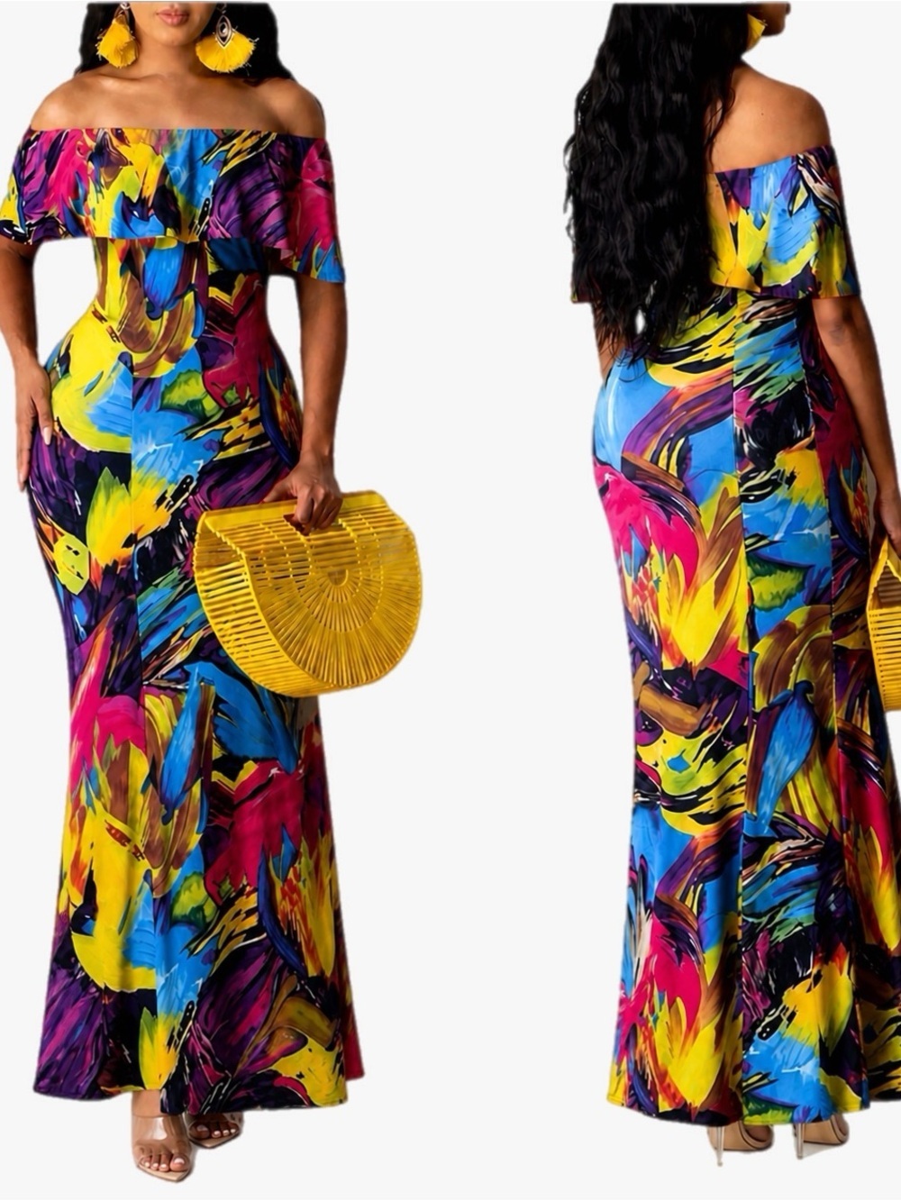 NWT Suimiki Off-Shoulder Tropical Print Maxi Dress Multicolor Women’s Size M